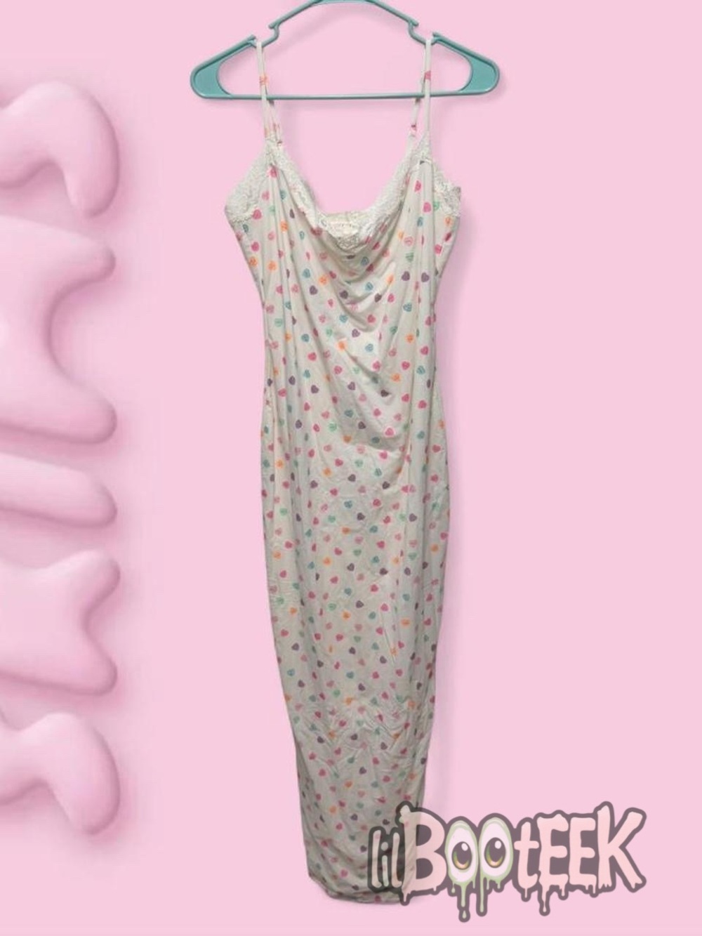 Skims White Slip Dress Nightgown with Pastel Candy Heart Print